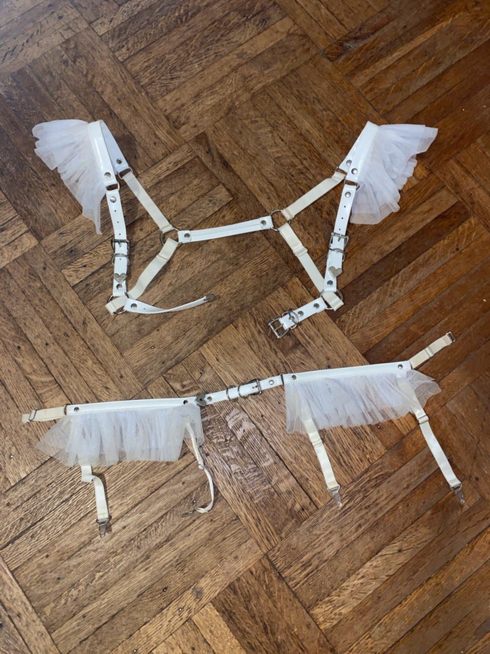 White tulle harness top and belt with garters adjustable